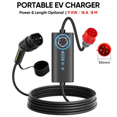 Prijenosni punjač za električne automobile Tip 2 11 kW trifazni – podesiva struja 6–16 A, kabel 8 m, CEE utikač, IP67