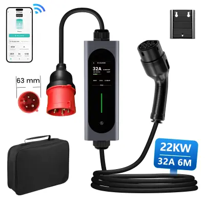 Tip 2 kabel za punjenje električnih vozila – trifazni 22 kW, regulacija putem aplikacije, vremensko punjenje, prijenosni punjač 6 m (6–32 A)