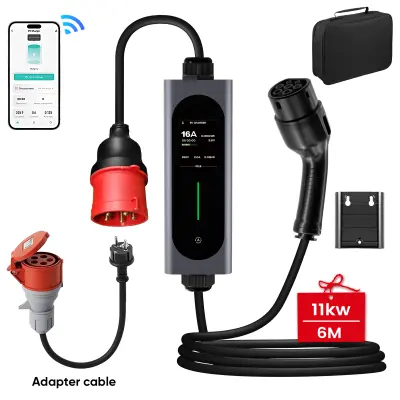 Tip 2 EV kabel za punjenje električnih automobila – 11 kW, podesiva struja, LCD zaslon, prijenosni punjač 6 m sa Schuko utikačem 6-16A WiFi BT