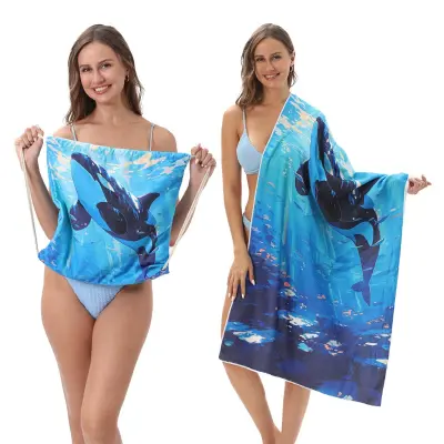 2-u-1 sklopiva torba-ručnik za plažu - mikrofiber pretvorivi ručnik s džepom za pohranu, brzo sušeći ručnik za putovanje i bazen