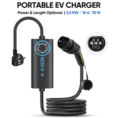 Prijenosni kabel za punjenje električnih vozila Tip 2 – 1-fazni 3,5 kW, podesiva struja (6/8/10/13/16 A), 10 M sa Schuko