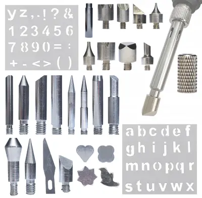 Set 30 Dijelova Za Žigosanje Drva – 27 Mlaznica, Adapter M4, 2 Predloška | Kompatibilnost S Rosfix, Yihua, WEP