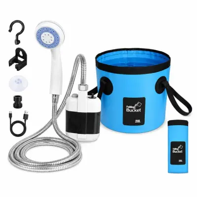 Prijenosni kamperski tuš s pumpom i sklopivom kantom 20 L, USB punjenje, 2200 mAh baterija | AQUAPORT