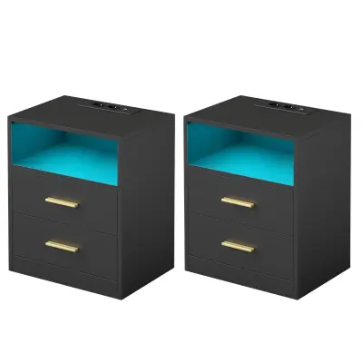 Set od 2 noćna ormarića 30x40,1x50,2 cm crni s ladicama i LED osvjetljenjem