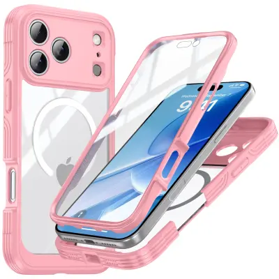 Ružičasta maska za telefon otporna na udarce s 9H kaljenim staklom, kompatibilna s iPhone 17 Pro Max