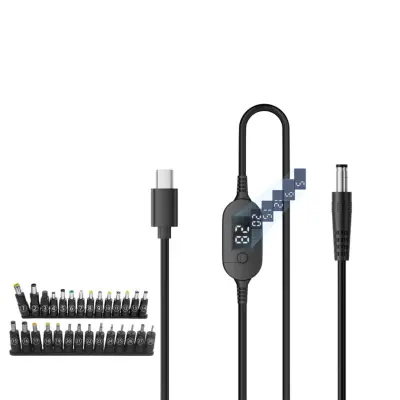 USB-C na DC kabel 1m s digitalnim prikazom i 28 adaptera, PD3.1 140W