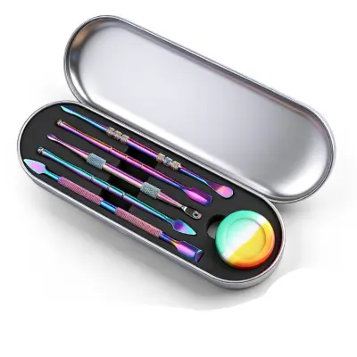 6-dijelni višebojni set inox žličica za e-tekućinu s metalnim etuijem