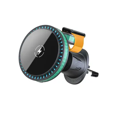 Magnetski 2‑u‑1 crni bežični auto punjač i držač za telefon — 15W brzo punjenje, kopča za ventilacijsku rešetku, kompatibilan s MagSafe i