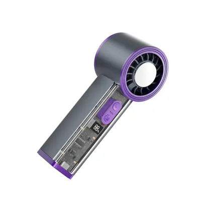 Prozirni ručni rashladni ventilator s digitalnim zaslonom (100 brzina) i LED svjetlom Siva