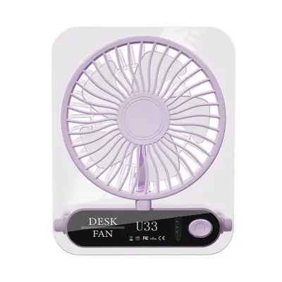 Prozirni stolni ventilator s digitalnim zaslonom - USB punjiv 2000mAh, sklopivi 4-brzinski stolni i zidni ventilator Ljubičasta