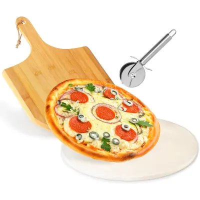 Komplet za pizzu s kamenom pločom, bambusovom lopaticom i nožem