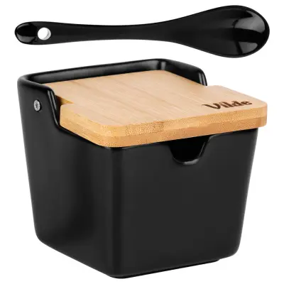 Keramička posuda za šećer s bambusovim poklopcem i žličicom, 250ml, 10x10x9cm, crna