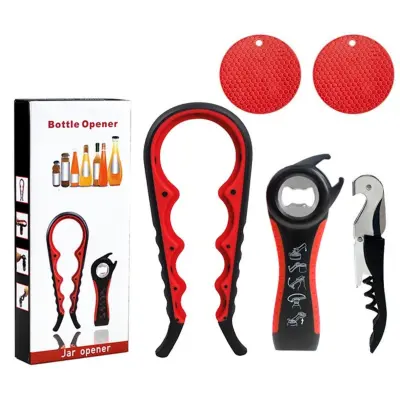 5-u-1 višenamjenski otvarač, set 5 kom, PP, silikon, nehrđajući čelik Black+Red