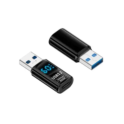 Set od 2 USB-A (muški) na USB-C (ženski) adaptera s digitalnim zaslonom - crni, 60W brzo punjenje, 10Gbps prijenos podataka