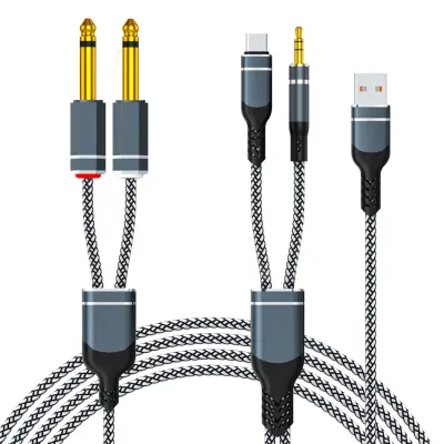 Crno-bijeli pleteni višefunkcijski audio kabel s punjenjem - USB-C i 3,5 mm na 6,35 mm razdjelnik 1-u-2, legirani konektori, HiFi bez gubitaka