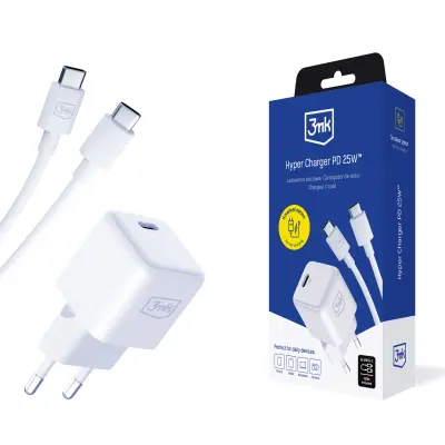 3mk Hyper Charger PD 25W USB-C zidni punjač s USB-C kabelom 1 m bijeli