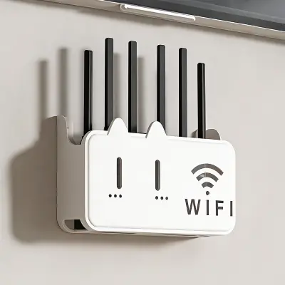 Zidna polica za WiFi ruter — Ventilirani držač za montažu na zid s dvostrukim otvorima za kabele i uvećanom pločom, odgovara većini modela Whi