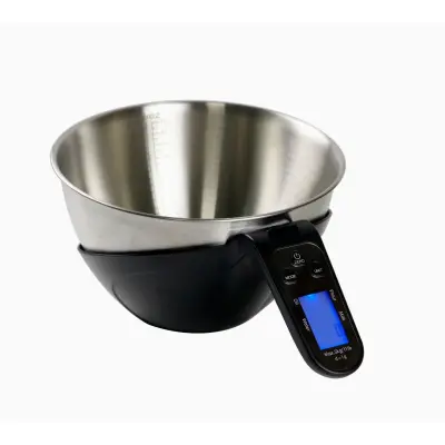 Digitalna vaga za zdjelu s inox zdjelom, odvojivom mjernom čašom, kapacitet 2000 ml, maks. 5 kg/11 lb, plavo pozadinsko osvjetljenje Crna