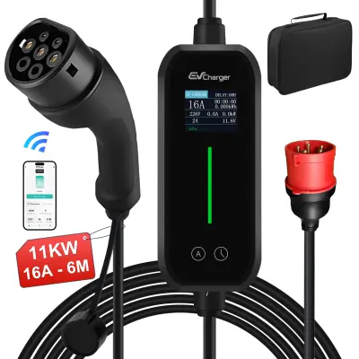 Prijenosni EV Punjač 11kW Tip 2 (6A/8A/10A/13A/16A) Trofazni – Kabel 6m, CEE, App kontrola& LCD, IP65