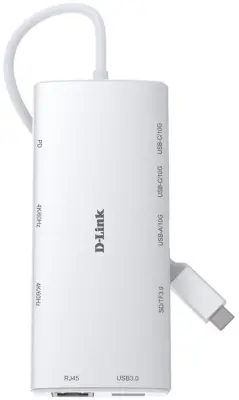 USB HUB D-LINK DUP-A01, USB-C, na 2x USB-C, 2x USB, 2x HDMI, G-LAN, čitač kartica, PD 100W, bijeli
