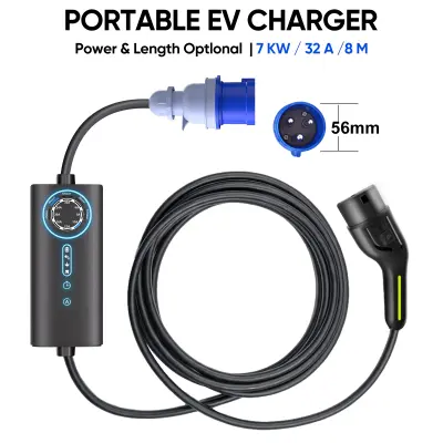 Prijenosni punjač za električne automobile Tip 2 7 kW – jednofazni, podesiva struja do 32 A, kabel 8 m, CEE utikač, IP67