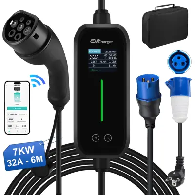 Punjač za električna vozila 7 kW 32A jednofazni tip 2 – Kabel 6 m s CEE Schuko utičnicom, WIFI BT, certifikati IEC62196 i IP65