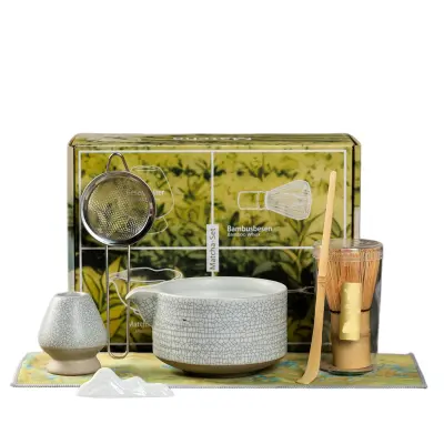 Set alata za matcha čaj - 7-dijelni ceremonijalni komplet od kaolina s zelenom popucalom glazurom Bijela