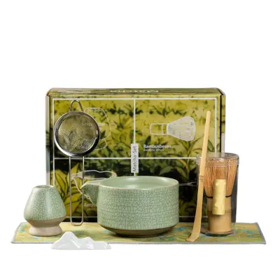 Set alata za matcha čaj - 7-dijelni ceremonijalni komplet od kaolina s zelenom popucalom glazurom Zelena