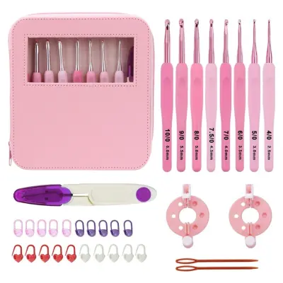 DIY set kukica za kukičanje u ružičastom gradijentu — kukice od nehrđajućeg čelika s mekanim TPR drškama, komplet u PU futroli za pletenje d?