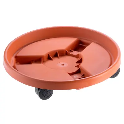 Stojalo za cvetlični lonček na kolesima, plastični, okrugli, terakota, 30 cm