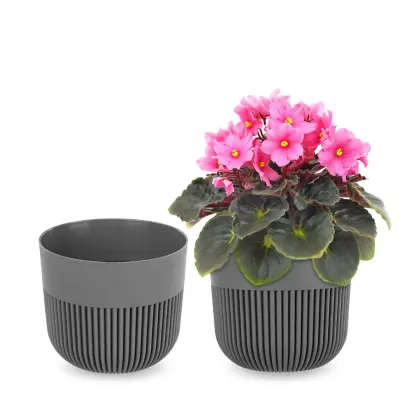 cvetlični lonec, pokrov za cvetlični lonec, 13 cm, plastika, okruglo, rebrast, siv