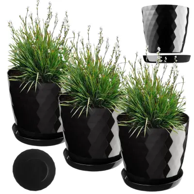 cvetlični lonec, sadilnik, pokor, 20 cm, stojalo za rože, črna plastika, 3 kosi.