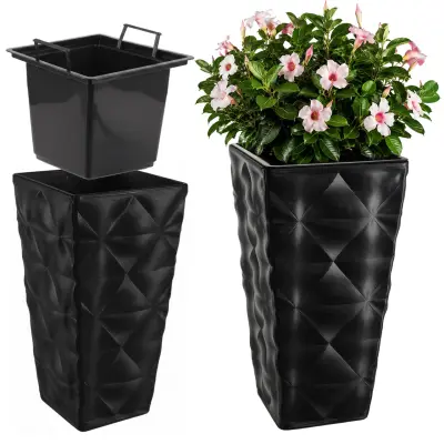 Vrtni lonec s ustavkom za rože Velik, visok, terasa 56 cm, crne boje
