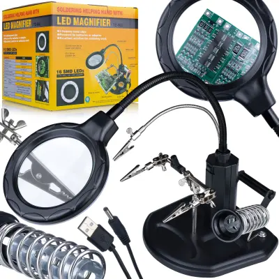 TE-802 Treća Ruka za Lemljenje s Lupom – Držač za Lemilicu i Lem, Ø85/Ø21mm 2.5x+4x, 16 LED, USB/4xAA | Baza 185x170mm