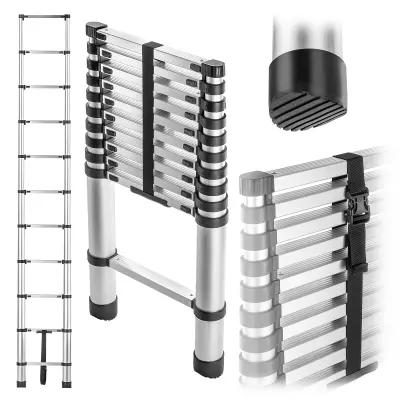 Aluminijska teleskopska kućanska lestev, raztegljiva, zložljiva, 11 stepnic, 125 kg