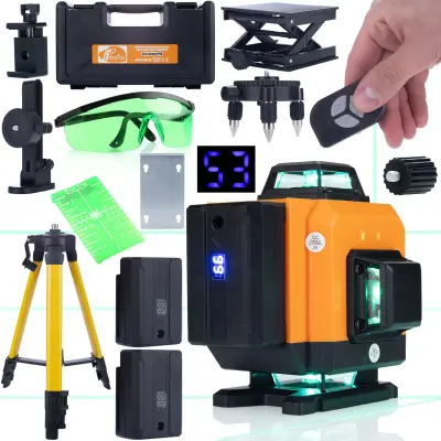 Set ROT16L Laser Za Niveliranje – 16 Linija, Zeleni Disk, Zaštitne Naočale | IP54, 2x3500mAh, Stativ 43–120 cm