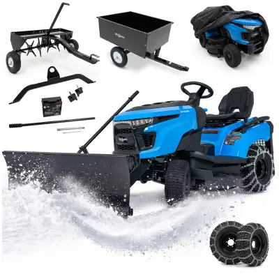 Vrtni traktor HEXWELT HW-TR-586 – 586 cm³, 2-cilindrični 4-taktni motor, 107 cm + ralica za snijeg, prikolica, aerator