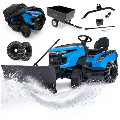 Vrtni traktor HEXWELT HW-TR-586 – 586 cm³, 12,5 kW, 107 cm, ralica za snijeg, prikolica, lanci i navlaka