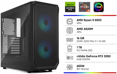 Stolno računalo BOFX GG AMD Ryzen 5 5500, 16 GB RAM, 1 TB SSD, nVidia GeForce RTX 3050 6GB, 650W, No Os