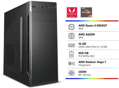 Stolno računalo BOF BO AMD Ryzen 5 5500GT, 16 GB RAM, 500 GB SSD, AMD Radeon Vega 7, 450W, No Os