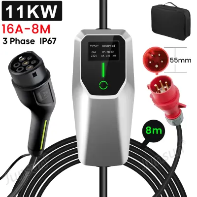 Tip 2 kabel za punjenje električnih vozila – trofazni 11 kW, podesiva struja, prijenosni punjač 8 m sa Schuko utikačem i torbicom (6/8/10/13/16 A)