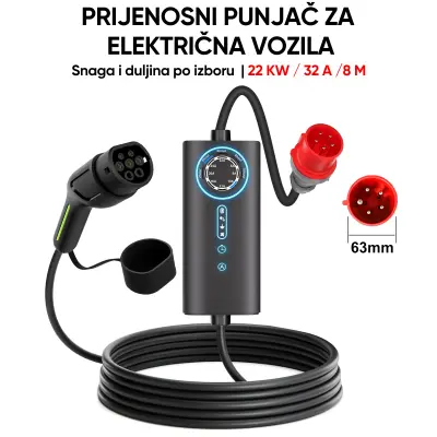 Trifazni EV kabel za punjenje Tip 2 – 11 kW, 16 A, podesiva struja (6/8/10/13/16 A), duljina 8 m, CEE utikač, prijenosni punjač