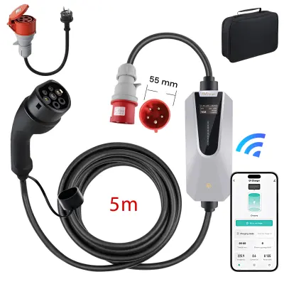 Prijenosni punjač za električna vozila, tip 2, 11 kW. Podesiva jakost struje (6–16 A), kabel duljine 5 m, Schuko utikač, LCD zaslon, zaštita i u
