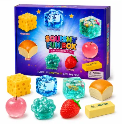 Senzorna plišana igračka za stiskanje i istezanje, 8 različitih likova, netoksičan i otporan materijal | SQUISHRA Snack Team