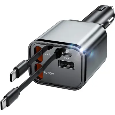Auto punjač s uvlačivim kabelom, 2 USB-C izlaza, 50 w