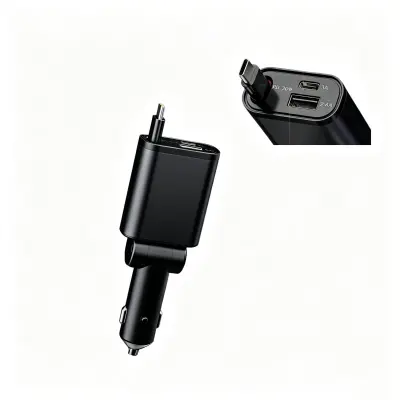 Auto punjač s 3 priključka, 30 W PD i uvlačivim kabelom Black