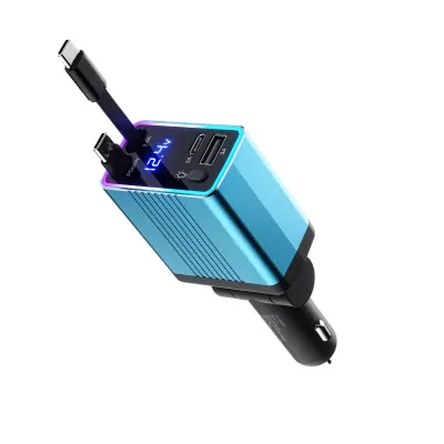 Auto punjač 120 W s uvlačivim kabelom i RGB svjetlom Blue
