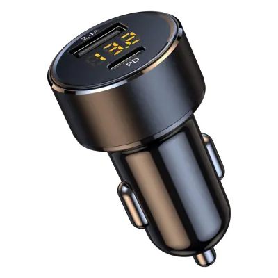 Dvostruki USB auto punjač s Type-C 18W i LED voltmetrom