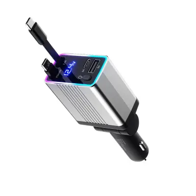 Auto punjač 120 W s uvlačivim kabelom i RGB svjetlom Silver