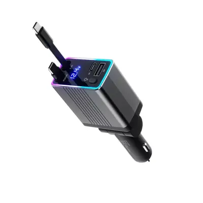 Auto punjač 120 W s uvlačivim kabelom i RGB svjetlom Gray